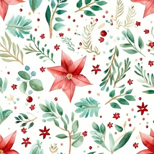 Seamless 3D PBR Watercolor Christmas Floral Texture with Red and Green Botanicals