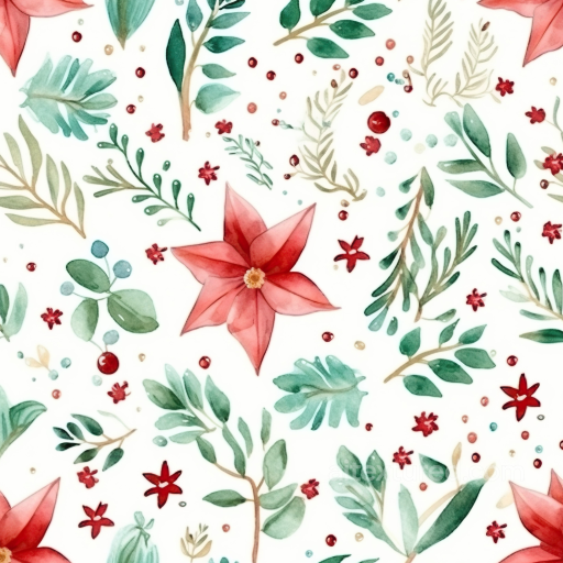 Watercolor Christmas Floral Texture with Red and Green Botanicals seamless Watercolor Christmas PBR texture