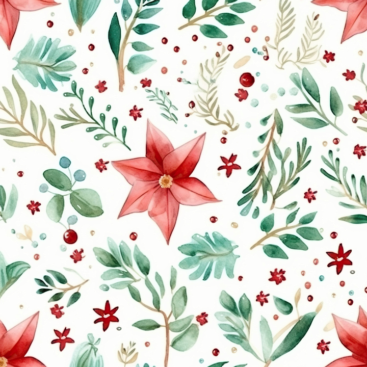 Watercolor Christmas Floral with Red and Green Botanicals seamless PBR texture preview