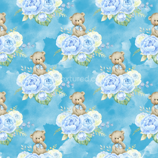 Seamless 3D PBR Texture of Baby Boy Blue Floral and Teddy Bear Pattern