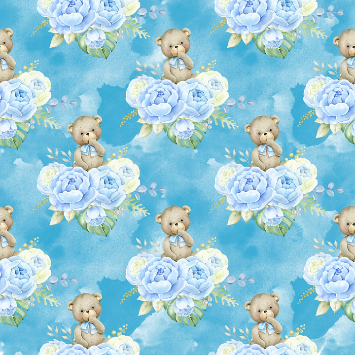 Baby Boy Blue Floral and Teddy Bear Pattern seamless PBR texture preview