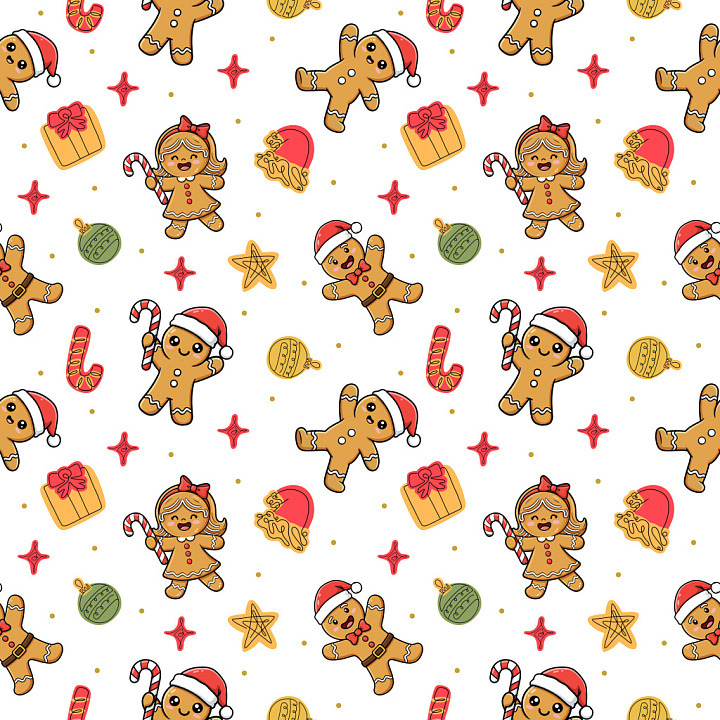 Pattern with Christmas Gingerbread Cookies and Festive Motifs seamless PBR texture preview