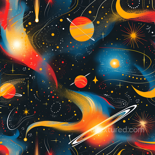 Space Texture with Stylized Galaxy, Nebula, and Orbital Planets seamless Star, space, planets PBR texture