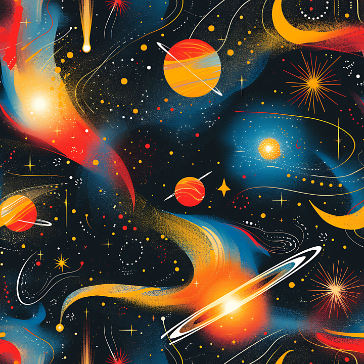 Space with Stylized Galaxy, Nebula, and Orbital Planets seamless PBR texture preview
