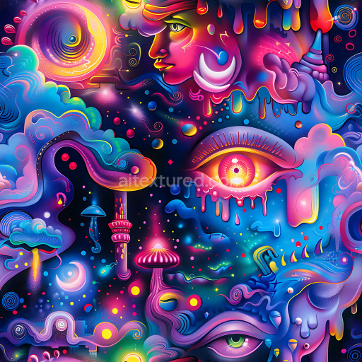 Seamless 3D PBR Graffiti Texture Featuring Vibrant Neon Hues and Abstract Psychedelic Patterns