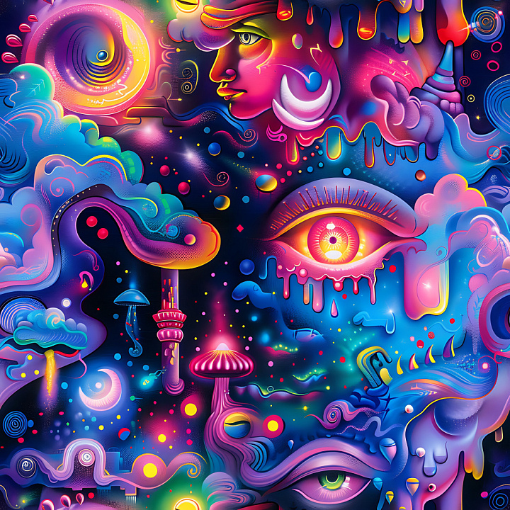 Graffiti Featuring Vibrant Neon Hues and Abstract Psychedelic Patterns seamless PBR texture preview