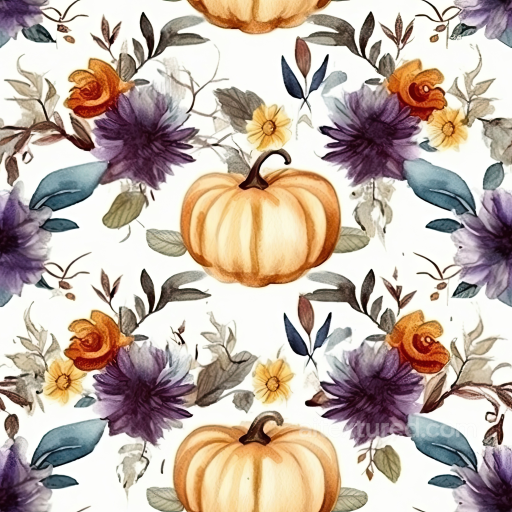 Watercolor Floral and Pumpkin Fabric Texture seamless Watercolor Halloween PBR texture