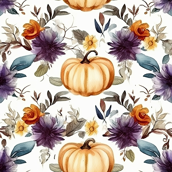 Watercolor Floral and Pumpkin Fabric seamless PBR texture preview