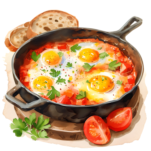 Shakshuka Breakfast Illustration with Eggs, Tomatoes, and Bread