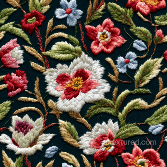 Embroidered Floral Fabric Texture with Colorful Stitched Flowers Embroidered floral texture preview