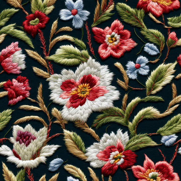 Embroidered Floral Fabric with Colorful Stitched Flowers seamless PBR texture preview