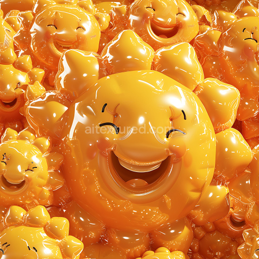 Seamless 3D Inflated PBR Texture of Glossy Smiling Sun-Shaped Inflated Figures in Vibrant Orange