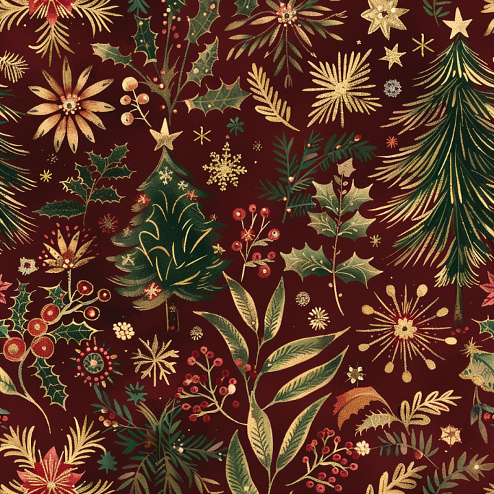 Vintage Christmas Fabric with Festive Botanicals seamless PBR texture preview
