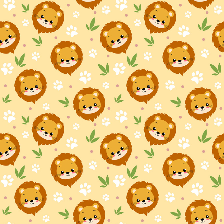 Pattern Featuring Cute Lion Heads and Paw Prints seamless PBR texture preview