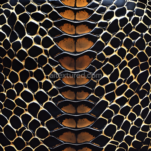 Seamless 3D PBR reptile skin texture featuring glossy black and brown scales with organic pattern