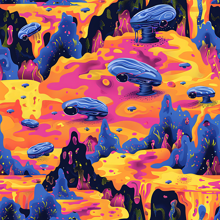 Stylized Sci-Fi Camouflage with Vibrant Organic Patterns seamless PBR texture preview