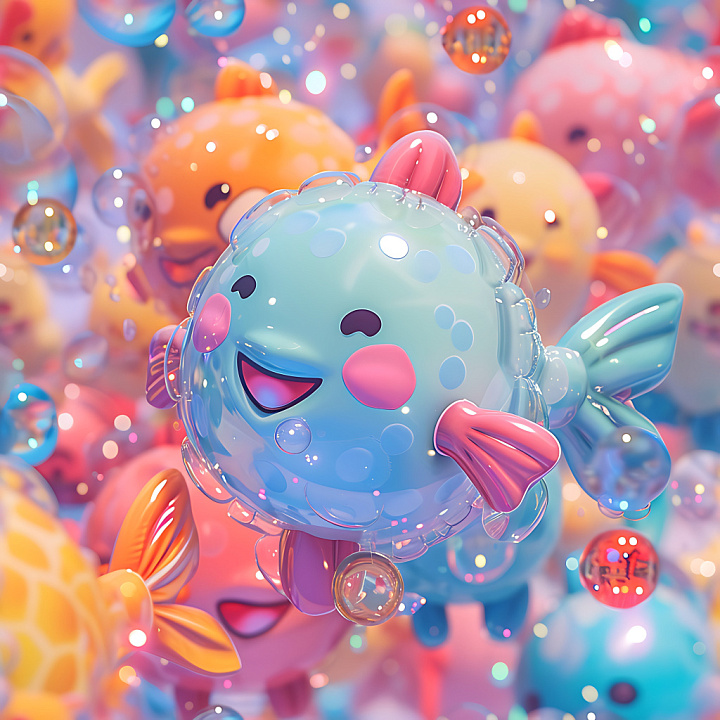 Inflated Glossy Bubble Vinyl with Colorful Cartoon Fish Pattern seamless PBR texture preview