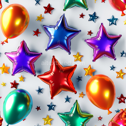 Seamless 3D Inflated Metallic Balloon and Star Foil PBR Texture in Vibrant Colors