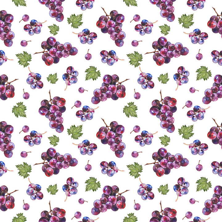 Pattern with Hand-Painted Watercolor Grape Clusters and Green Leaves seamless PBR texture preview