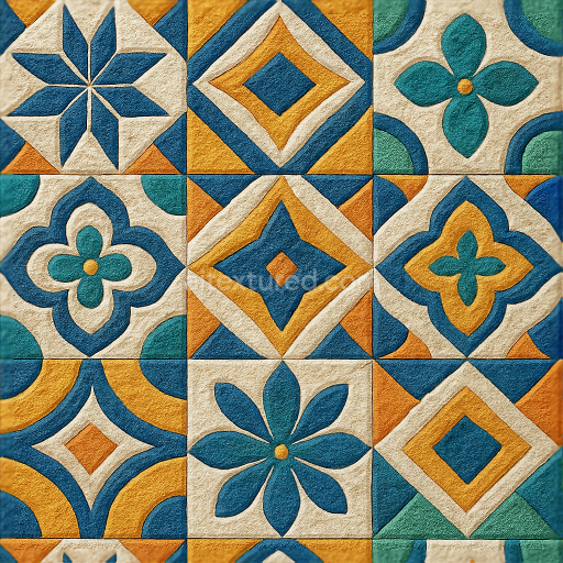 Seamless 3d texture pbr 8k ceramic tiles mosaic with intricate geometric motifs and vibrant colors