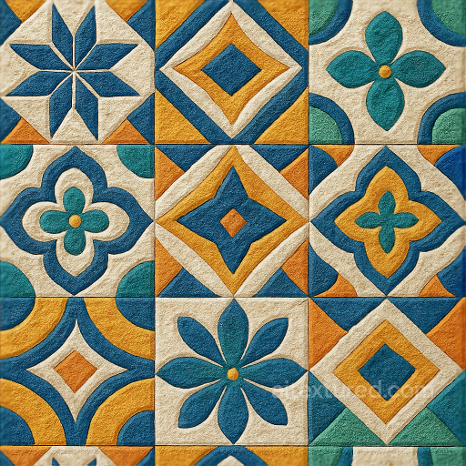 Ceramic Tiles Mosaic With Intricate Geometric Motifs And Vibrant Colors seamless Mosaic PBR texture