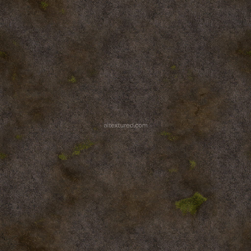 Seamless PBR ground texture featuring dark, gritty soil with organic details