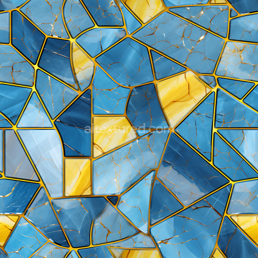 Seamless 3D Blue and Yellow Marble Mosaic PBR Texture with Gold Veins
