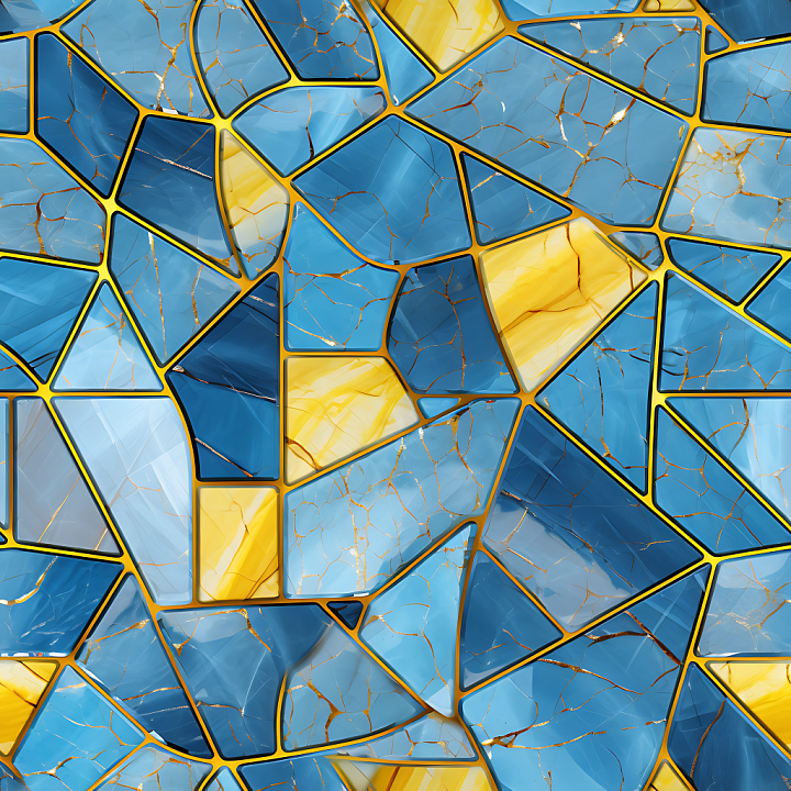 Blue and Yellow Marble Mosaic with Gold Veins seamless PBR texture preview
