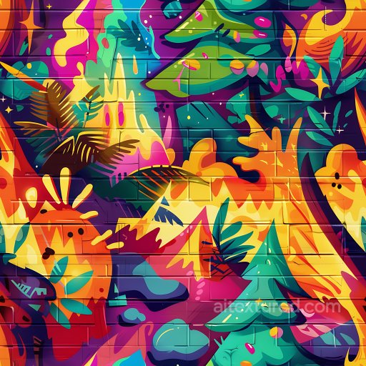 Seamless 3D PBR Texture Featuring Vibrant Floral Graffiti on Brick Wall texture preview