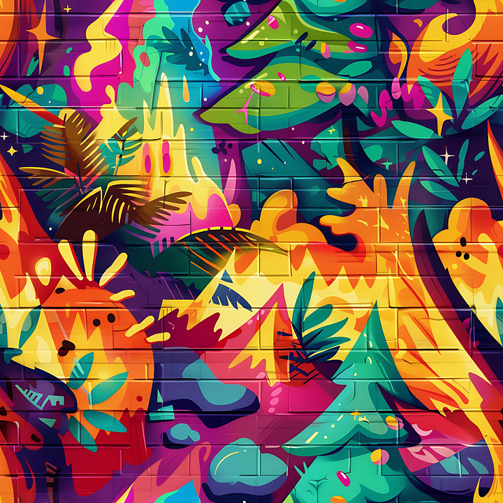 Featuring Vibrant Floral Graffiti on Brick Wall seamless PBR texture preview