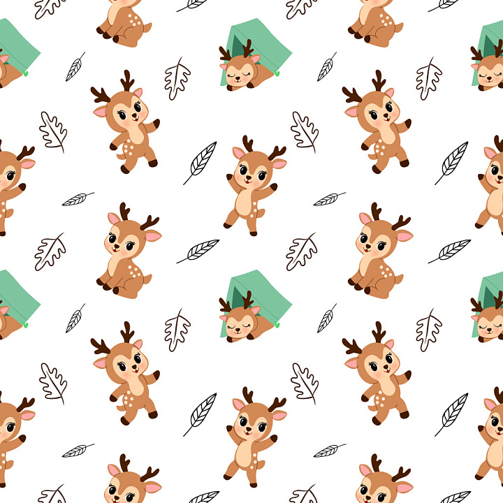 Pattern Featuring Cute Deer and Leaf Motifs on White Background seamless PBR texture preview