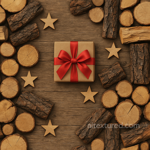 Rustic Wood Gift Box Pine Bark Firewood Stack Star Ornament Festive Bow seamless Merry christmas PBR texture