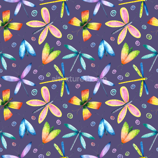 Seamless 3D PBR Texture with Vibrant Watercolor Dragonflies on Purple Background
