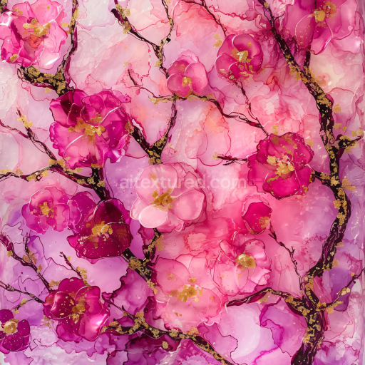 Seamless 3D Alcohol Ink PBR Texture with Pink Floral Blooms and Gold Veining