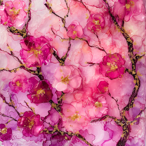 Alcohol Ink PBR Texture with Pink Floral Blooms and Gold Veining seamless Alcohol ink PBR texture