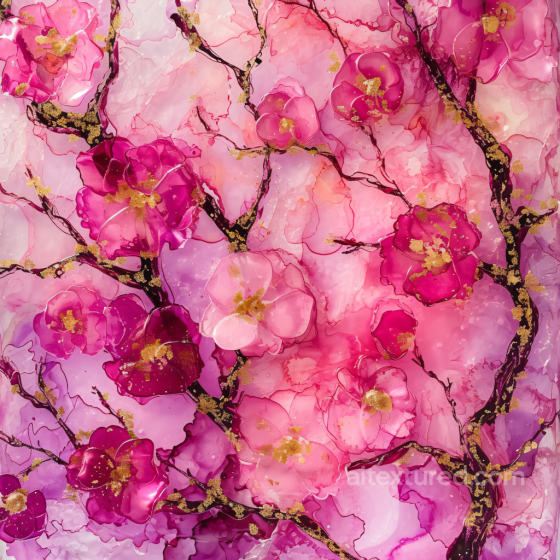 Alcohol Ink PBR Texture with Pink Floral Blooms and Gold Veining Alcohol ink texture preview
