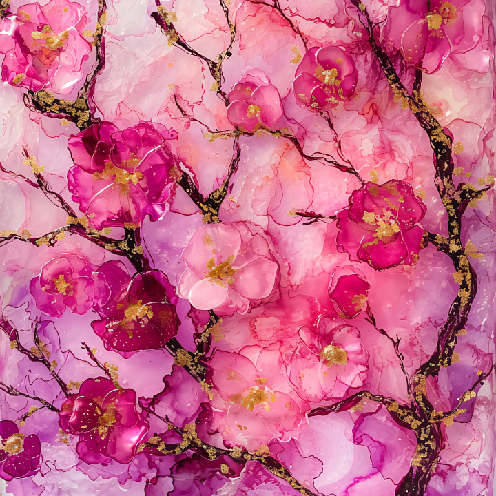 Alcohol Ink with Pink Floral Blooms and Gold Veining seamless PBR texture preview