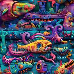 seamless Seamless 3D PBR Graffiti Texture Featuring Vibrant Stylized Oceanic Creatures texture 8k free download PBR