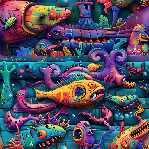Seamless 3D PBR Graffiti Texture Featuring Vibrant Stylized Oceanic Creatures