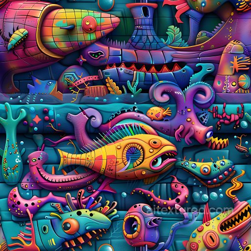Seamless 3D PBR Graffiti Texture Featuring Vibrant Stylized Oceanic Creatures texture preview