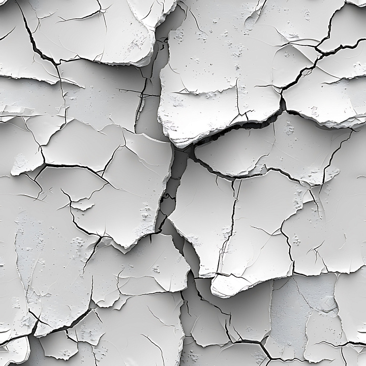 Cracked White Plaster with Deep Splits and Layered Flakes seamless PBR texture preview