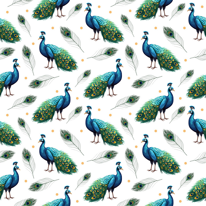 Pattern Featuring Vibrant Peacock Birds and Feathers seamless PBR texture preview