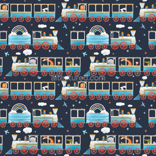 Seamless 3D PBR Texture of Colorful Baby Boy Train Pattern Fabric