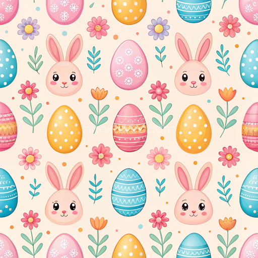 Seamless 3D PBR Texture Featuring Cute Easter Bunny Faces and Decorated Eggs