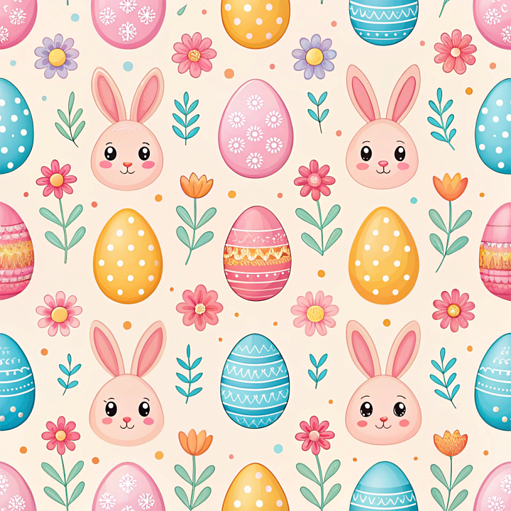 Featuring Cute Easter Bunny Faces and Decorated Eggs seamless PBR texture preview
