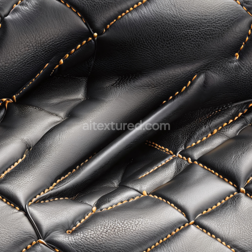 Seamless 3D black quilted leather PBR texture with detailed grain and orange stitch accents
