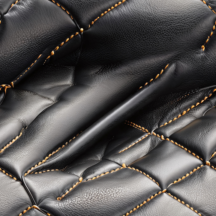 Black Quilted Leather With Detailed Grain And Orange Stitch Accents seamless PBR texture preview