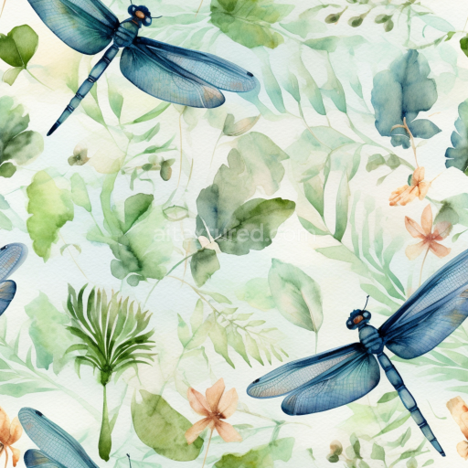 Seamless 3D PBR Texture of Watercolor Dragonflies and Leafy Foliage