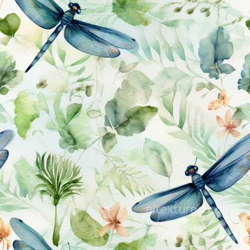 Dragonfly Texture of Watercolor Dragonflies and Leafy Foliage seamless Dragonfly PBR texture