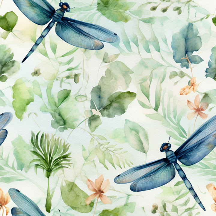 Dragonfly of Watercolor Dragonflies and Leafy Foliage seamless PBR texture preview